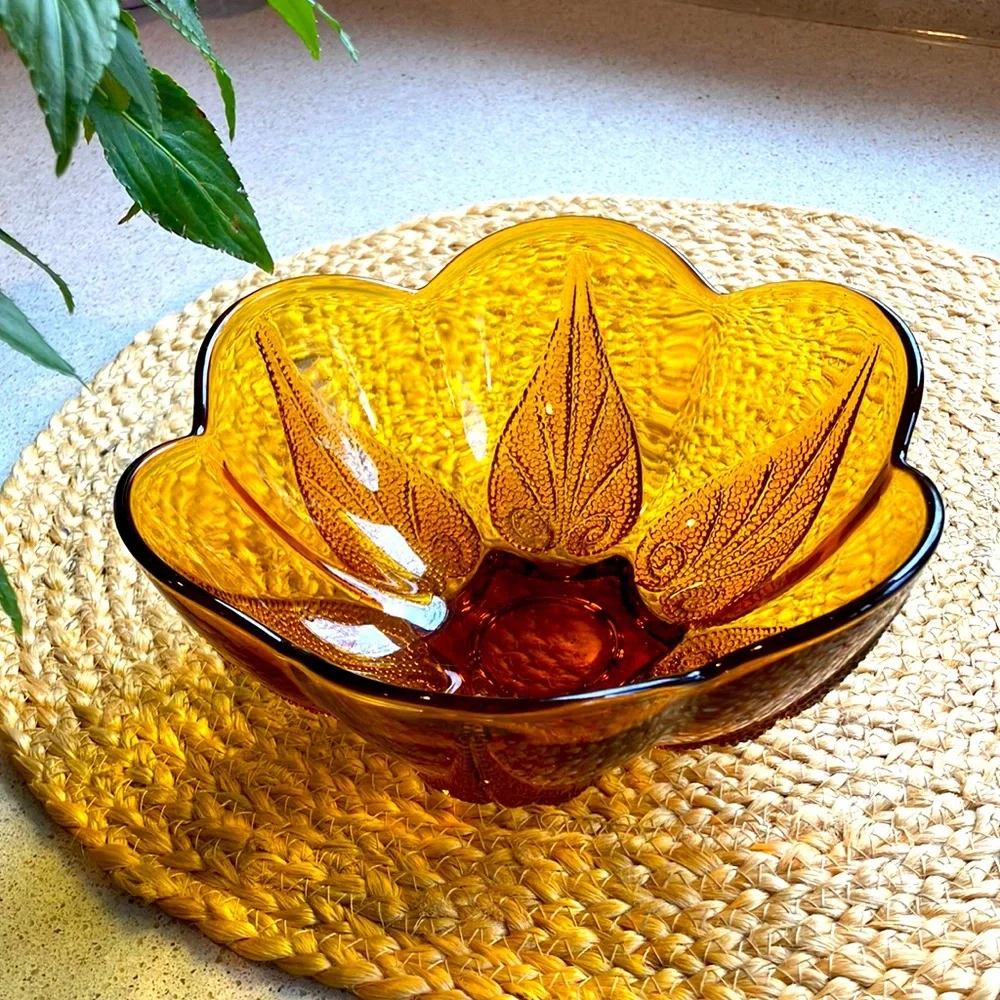 Vintage Amber Bowl with Leaf Pattern